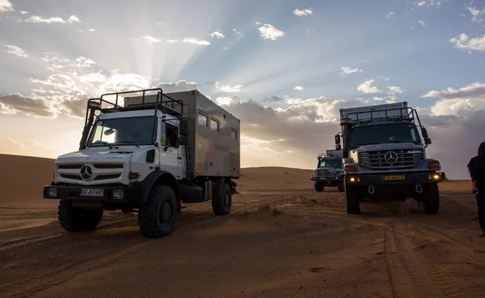 5-day Grand Sahara off-road expedition trucks in the dunes near Merzouga