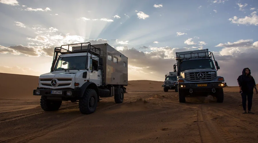 5-day Grand Sahara off-road expedition trucks in the dunes near Merzouga